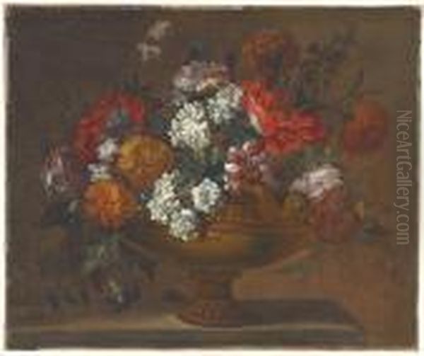 Peonies, Tulips And Other Flowers In An Urn On A Ledge Oil Painting by Pieter III Casteels