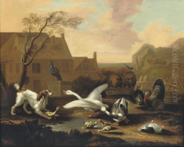 A Spaniel Threatening Geese In A Farmyard Oil Painting by Pieter III Casteels