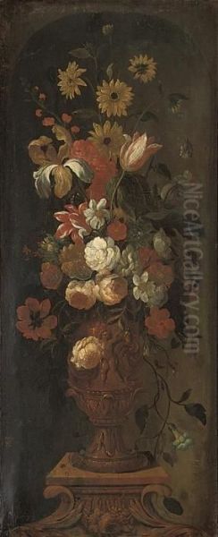 Parrot Tulips, Carnations, 
Narcissi, Morning Glories And Otherflowers In A Bronze Urn On A Sculpted
 Plinth, In A Niche Oil Painting by Pieter III Casteels