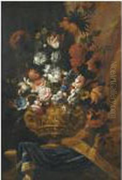 Still Life With Flowers In An Elaborate, Sculpted Bronze Urn,resting On A Stone Ledge Oil Painting by Pieter III Casteels