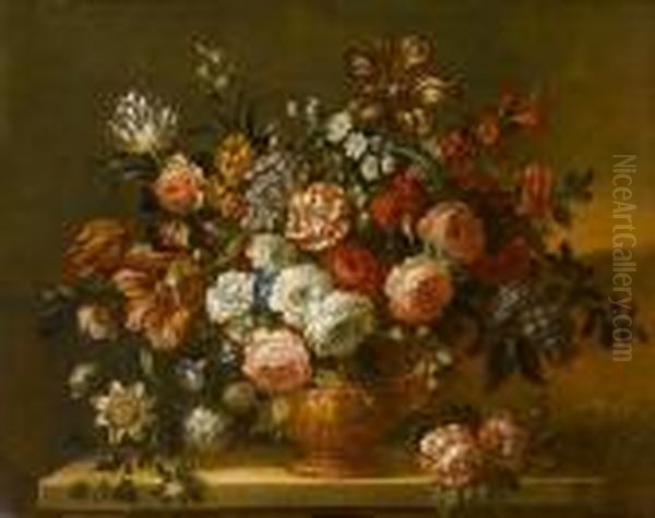 Roses, Tulips, Chrysanthemums, 
Morning Gloryand Other Flowers In A Bronze Urn On A Stone Ledge Oil Painting by Pieter III Casteels