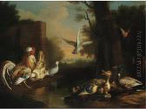 A Rooster, Hen, Ducks And Other Birds In A Landscape Oil Painting by Pieter III Casteels