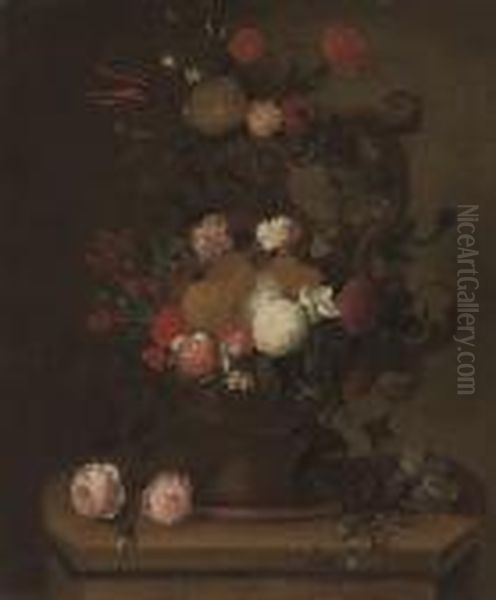 Chrysanthemums, Carnations, Roses, A Tulip And Other Flowers In An Urn, On A Plinth Oil Painting by Pieter III Casteels