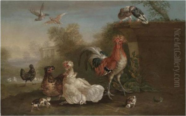 A Cockerel, Hens, Chicks, Pigeons And Other Fowl In A Park Landscape Oil Painting by Pieter III Casteels