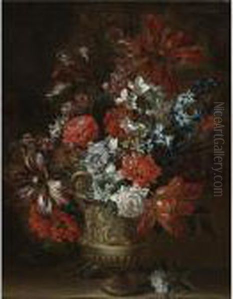 Still Life Of Tulips, Peonies, Narcissus And Other Flowers In A Sculpted Vase Oil Painting by Pieter III Casteels