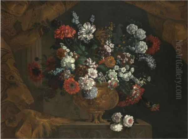 Still Life Of Flowers In A Gilt Urn On A Stone Ledge Oil Painting by Pieter III Casteels