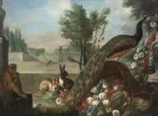 A Peacock By A Basket Of 
Up-turned Fruit, Rabbits And A Monkey, By An Urn And Hollyhocks, A 
Formal Garden And Country House Beyond Oil Painting by Pieter III Casteels