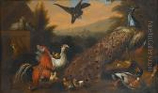 A Peacock, Mallards, A Cockerel 
And Other Fowl With A Squirrel In An Italianate Landscape Oil Painting by Pieter III Casteels