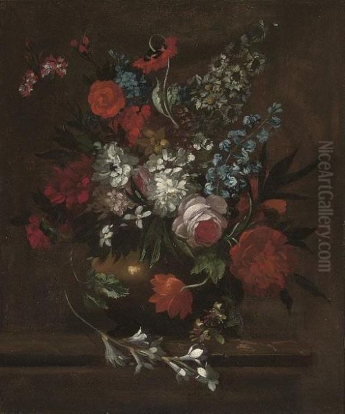 Roses, Chrysanthemums, Morning 
Glory, Lilies, Carnations And Other Flowers In A Vase On A Stone Ledge Oil Painting by Pieter III Casteels