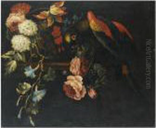 A Still Life With Tulips, Roses,
 Snowballs And Other Flowers Together With A Parrot On A Wooden Ledge Oil Painting by Pieter III Casteels