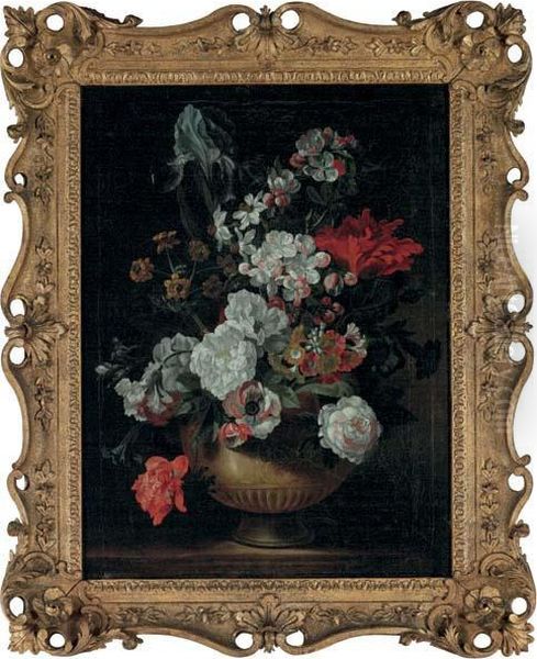 Tulips, Roses, Carnations, An Iris And Other Flowers In An Urn On A Stone Ledge Oil Painting by Pieter III Casteels