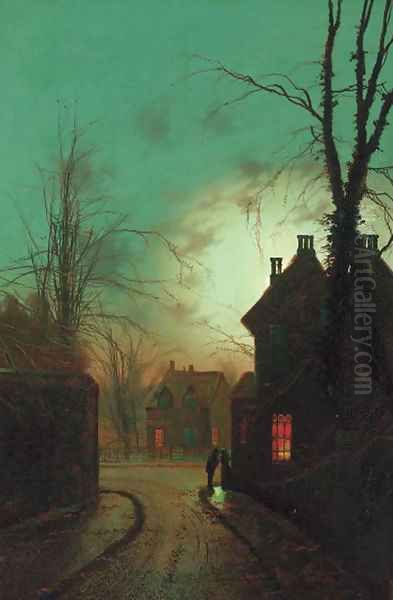 Figures on the corner of a moonlit street; and Figures on a moonlit lane Oil Painting by Wilfred Jenkins