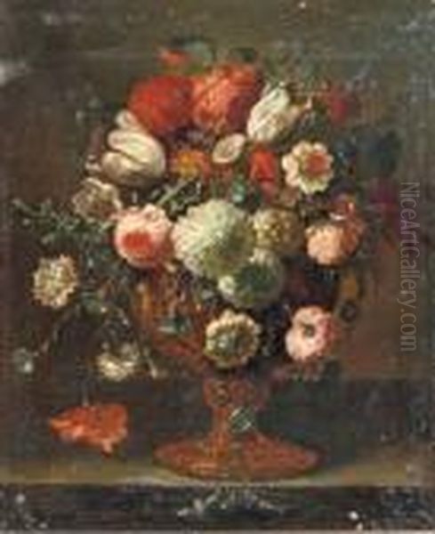 Roses, Tulips, Violets, 
Hydrangeas And Other Flowers In An Earthenware Vase On A Stone Ledge Oil Painting by Pieter III Casteels