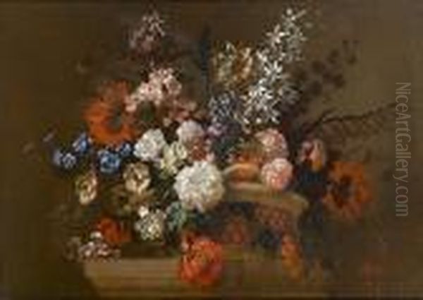 Chrysanthemums, Anemones, Roses,
 Poppies, Primroses And Other Flowers In A Basket On A Carved Stone 
Ledge by Pieter III Casteels