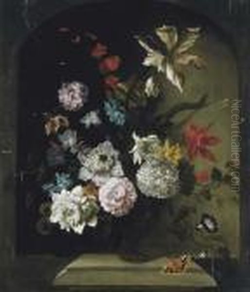 Still Life Of Flowers In A Stone Niche Oil Painting by Pieter III Casteels