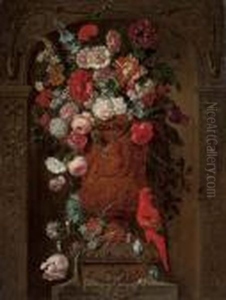 Roses, Carnations, Tulips, 
Narcissi And Other Flowers In A Gold Sculpted Urn In A Casement, With A 
Parrakeet Oil Painting by Pieter III Casteels