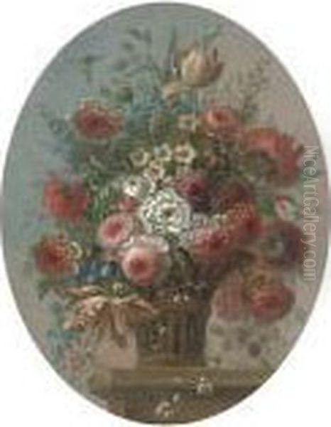 Roses, Tulips And Other Flowers In A Basket Oil Painting by Pieter III Casteels