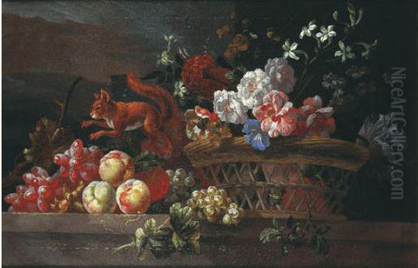 Nature Morte Au Panier De Fruits Et Fleurs Sur Un Entablement Oil Painting by Pieter III Casteels