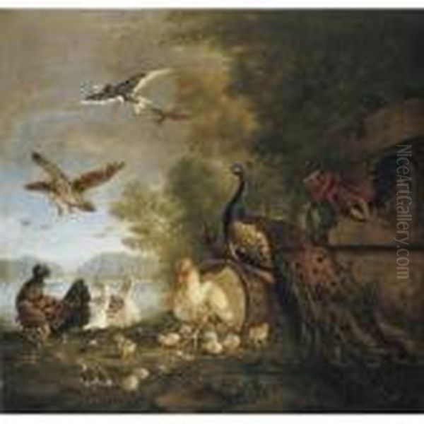 A Company Of Birds In A Parkland Setting, Including A Peacock, Hens And Their Chicks Oil Painting by Pieter III Casteels