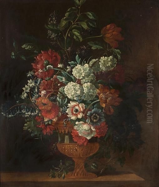 Tulips, Poppies, Delphiniums, 
Lilac And Other Flowers In A Gilt-mounted Ormolu Vase On A Wooden Ledge Oil Painting by Pieter III Casteels