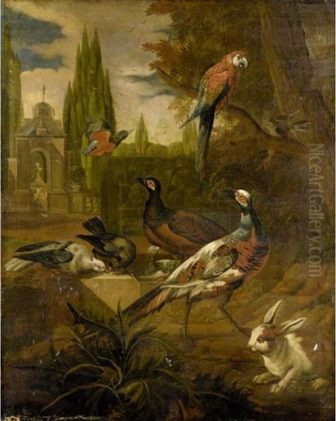 Still Life With Pheasants, 
Doves, A Parrot, A Kingfisher And A Rabbit In A Parkland Landscape Oil Painting by Pieter III Casteels