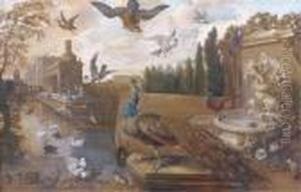 A Peacock, Swans, Ducks, 
Pheasants And Other Birds Near A Classicalfountain In A Park Landscape Oil Painting by Pieter III Casteels