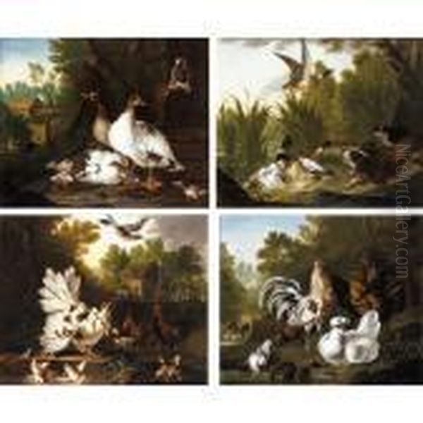 Three Spaniels Startling A Group
 Of Ducks In A Pond; A Wooded Landscape With Geese And Their Goslings 
Together With A Pair Of Pigeons, A Thatched Barn Beyond; A Wooded Garden
 With Cockerels And A Pigeon At The Edge Of A Pond; Chickens And Their Oil Painting by Pieter III Casteels