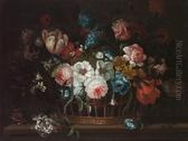 Roses, Carnations, Peonies, 
Tulips, Morning Glory And Other Flowers In A Basket On A Ledge Oil Painting by Pieter III Casteels