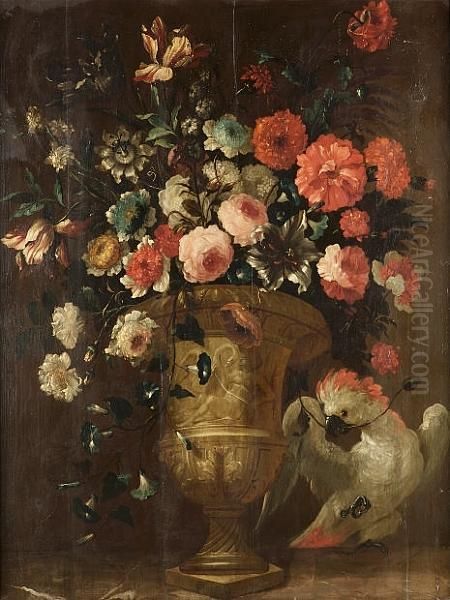 Tulips, Roses, Chrysanthemums, 
Morning Glory And Other Flowers In An Urn With A Cockatiel Tugging On A 
Flower Oil Painting by Pieter III Casteels