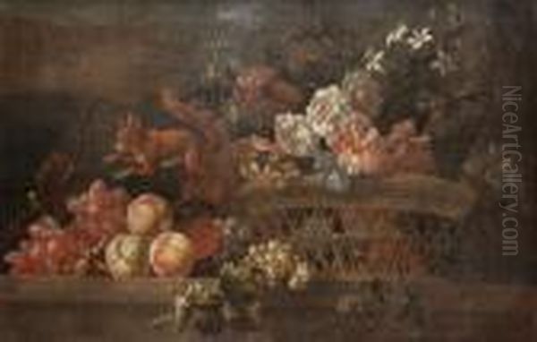 Roses, Chrysanthemums, 
Convulvulus And Other Flowers In A Basket With A Red Squirrel Climbing 
On Peaches And Grapes On A Table Top Oil Painting by Pieter III Casteels