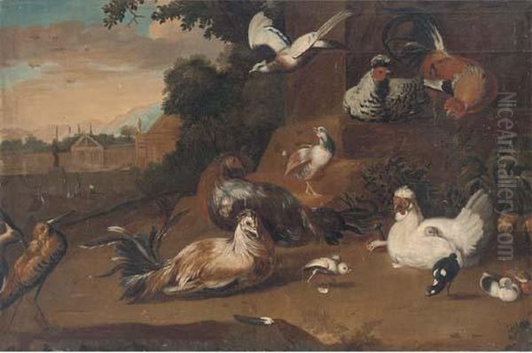 Birds In A Wooded Clearing, A Country House Beyond Oil Painting by Pieter III Casteels