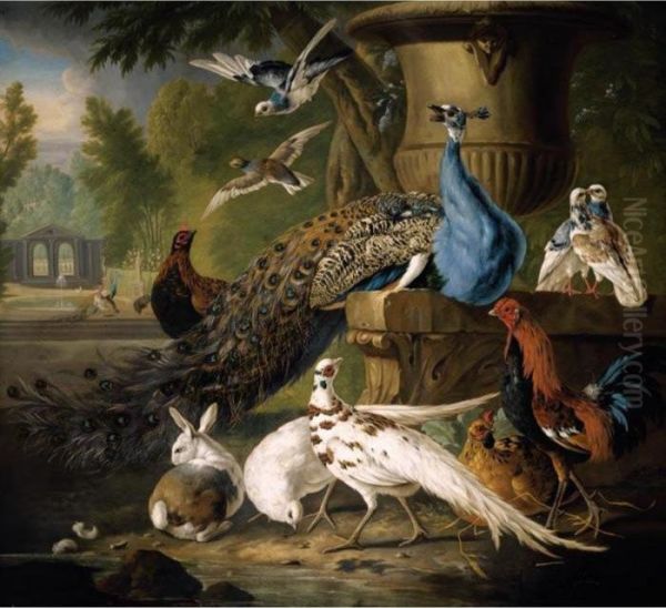 A Peacock, White Pheasants, A 
Cockerel, Chickens, Doves And A Rabbit Gathered Around A Stone Urn, A 
Parkland Setting Beyond Oil Painting by Pieter III Casteels