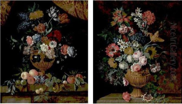 Still Life Of Various Flowers In
 An Ornate Vase Resting On A Ledge; Still Life Of Various Flowers In An 
Ornate Vase Resting On A Ledge Strewn With Fruit Oil Painting by Pieter III Casteels