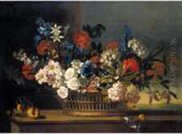 Still Life Of Flowers In A Basket Upon A Ledge Oil Painting by Pieter III Casteels