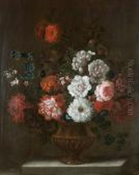 Chrysanthemums, Roses, A Peony And Other Flowers In A Bronze Urn On A Stone Ledge Oil Painting by Pieter III Casteels