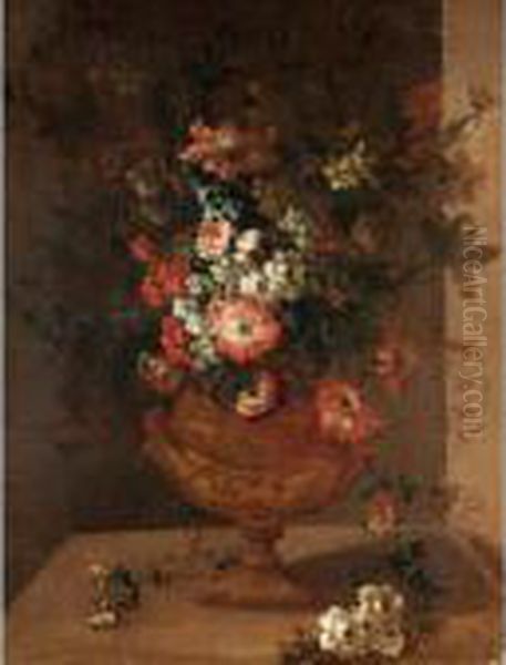 Still Life With Various Flowers In A Bronze Urn On A Stone Ledge Oil Painting by Pieter III Casteels