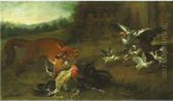 Fox Attacking Chickens Oil Painting by Pieter III Casteels