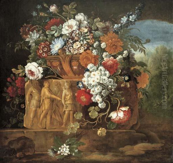 Roses, Peonies, Daisies And Other Flowers In A Sculpted Vaseresting On An Antique Frieze Oil Painting by Pieter III Casteels