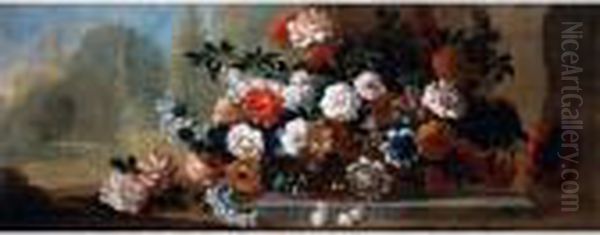 A Still Life Of Carnations, 
Roses And Other Flowers Loosely Arranged In A Basin, A Park Beyond Oil Painting by Pieter III Casteels