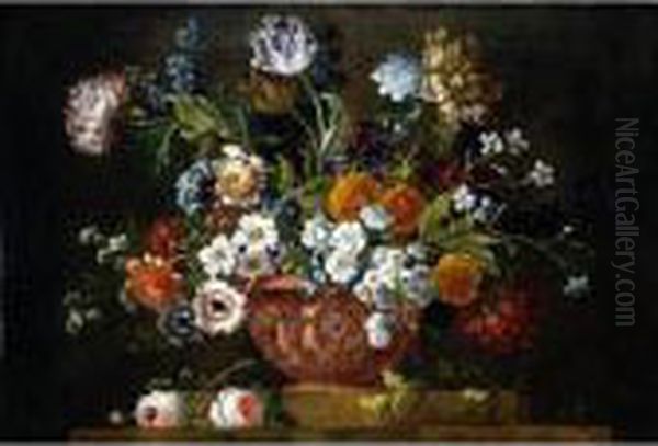 Still Life Of Roses, Variegated 
Tulips, Convolvuli, Peonies And Other Flowers In An Elaborate Terracotta
 Bowl, Resting On A Stone Socle Oil Painting by Pieter III Casteels