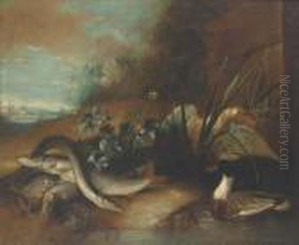 Dead Fish By A Pond With Ducks In A Wooded Clearing Oil Painting by Pieter III Casteels