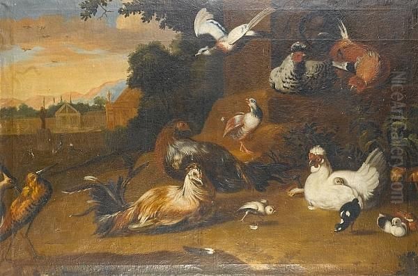 Chickens, Chicks And Snipe In A Landscape, A View To A County House Beyond Oil Painting by Pieter III Casteels