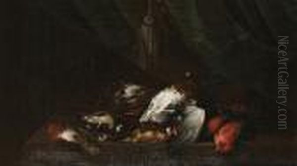 Still Life Of Songbirds On A Table Before A Curtain Oil Painting by Pieter III Casteels