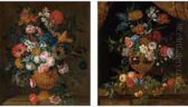 Still Life Of Various Flowers In
 An Ornate Vase Resting On A Ledge; Still Life Of Various Flowers In An 
Ornate Vase Resting On A Ledge Strewn With Fruit Oil Painting by Pieter III Casteels