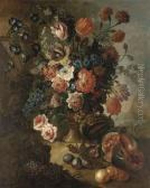 Tulips, Carnations, Peonies And 
Other Flowers In An Urn, Withplums, Peaches And A Watermelon In A 
Landscape Oil Painting by Pieter III Casteels