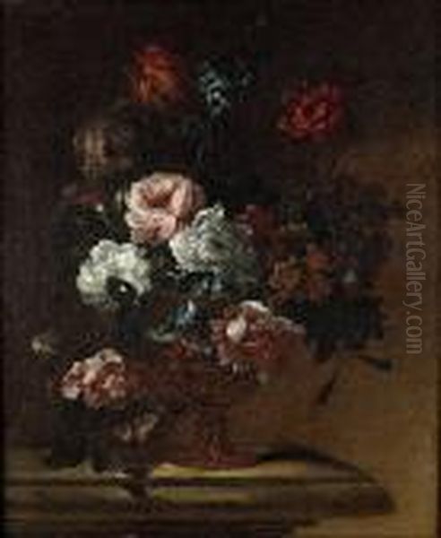 Narcissi, Delphiniums, Tulips, 
Morning Glory And Other Flowers In An Urn Upon A Stone Ledge Oil Painting by Pieter III Casteels