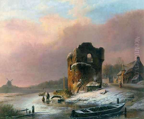 Winter Landscape with Frozen River Oil Painting by Pieter Hendrik Jonxis