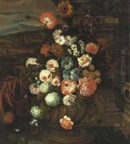 A Sunflower, Tulip, Narcissi, 
Peonies, Carnations And Other Flowers In An Urn, A Landscape Beyond Oil Painting by Pieter III Casteels