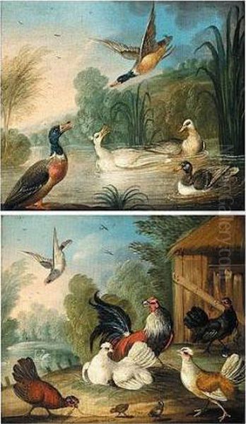 Pigeon, Hens And Their Young In A Farmyard Oil Painting by Pieter III Casteels