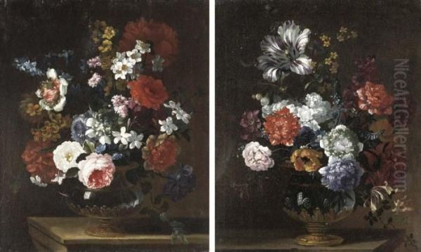 Roses, Anemones, Narcissi And Other Flowers In An Ormolu-mounted Oil Painting by Pieter III Casteels